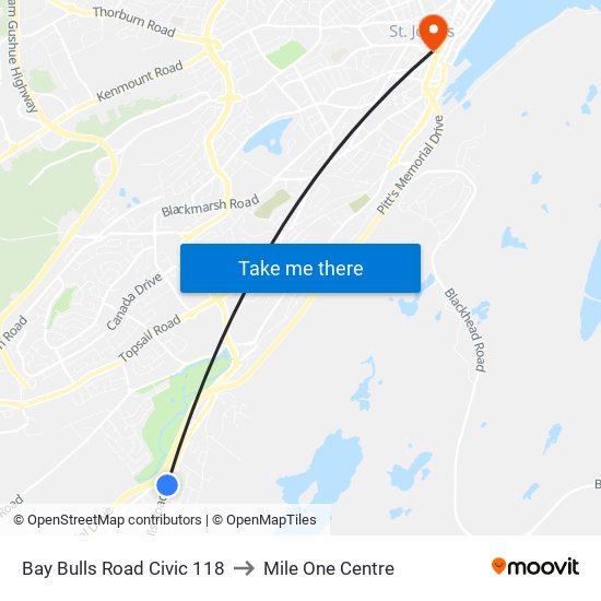 Bay Bulls Road Civic 118 to Mile One Centre map