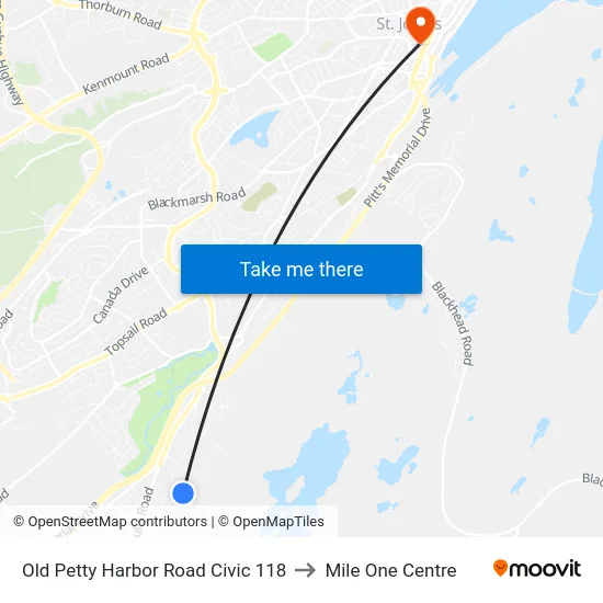Old Petty Harbor Road Civic 118 to Mile One Centre map