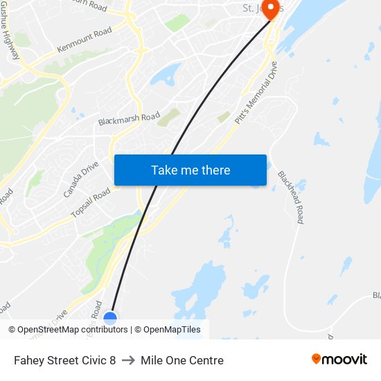 Fahey Street Civic 8 to Mile One Centre map