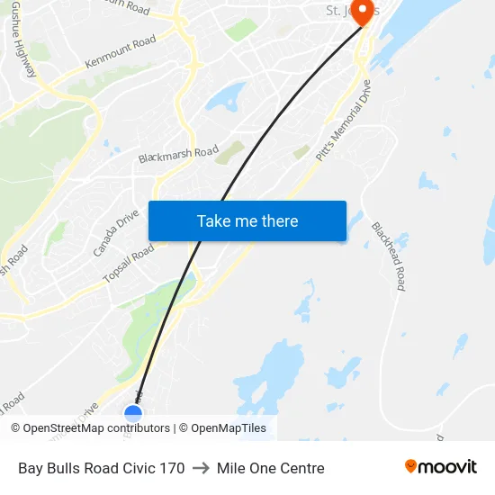 Bay Bulls Road Civic 170 to Mile One Centre map
