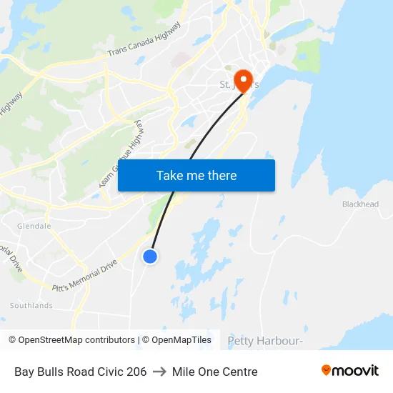 Bay Bulls Road Civic 206 to Mile One Centre map