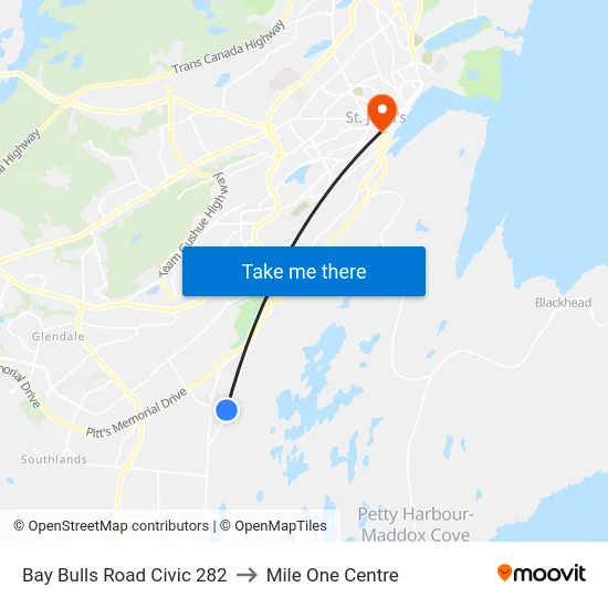 Bay Bulls Road Civic 282 to Mile One Centre map