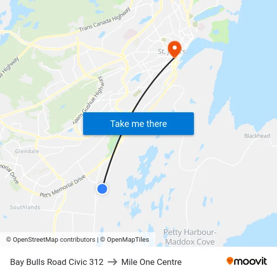 Bay Bulls Road Civic 312 to Mile One Centre map