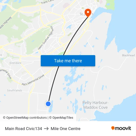 Main Road Civic134 to Mile One Centre map