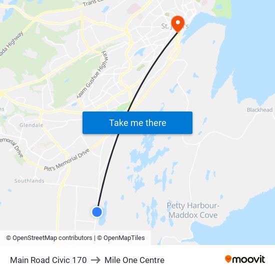 Main Road Civic 170 to Mile One Centre map