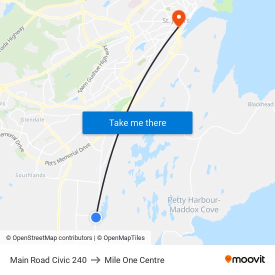 Main Road Civic 240 to Mile One Centre map