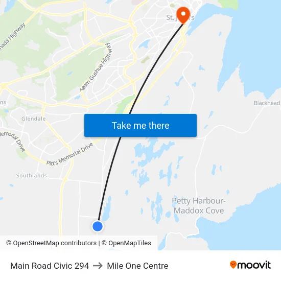 Main Road Civic 294 to Mile One Centre map