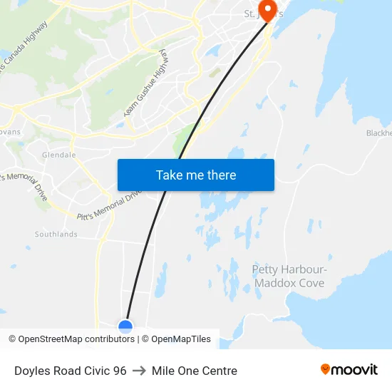 Doyles Road Civic 96 to Mile One Centre map