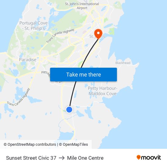 Sunset Street Civic 37 to Mile One Centre map