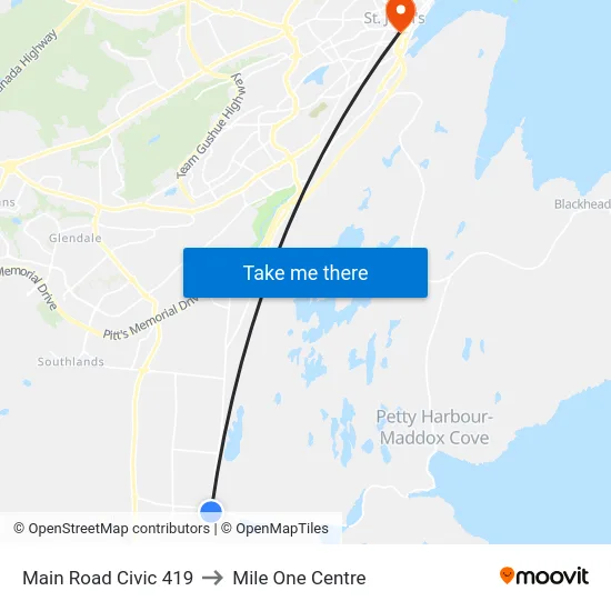 Main Road Civic 419 to Mile One Centre map