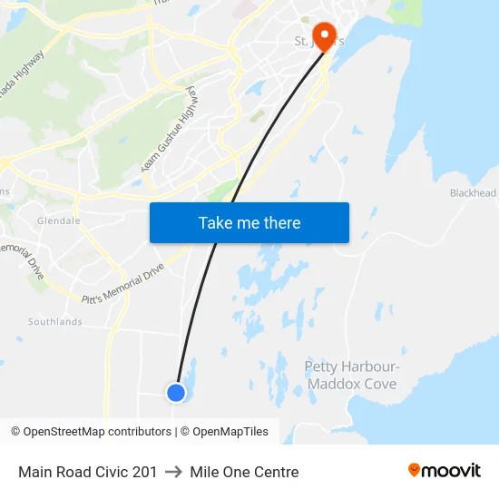 Main Road Civic 201 to Mile One Centre map