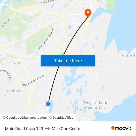 Main Road Civic 129 to Mile One Centre map