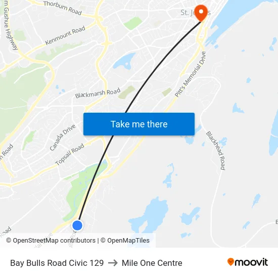 Bay Bulls Road Civic 129 to Mile One Centre map