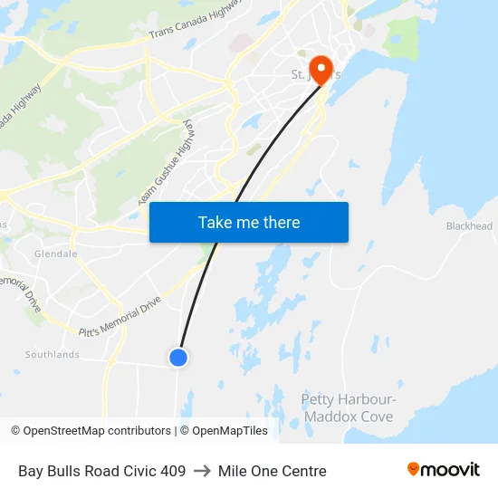 Bay Bulls Road Civic 409 to Mile One Centre map