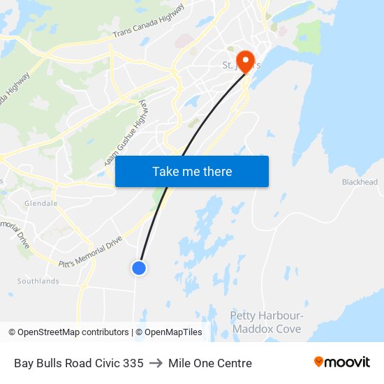 Bay Bulls Road Civic 335 to Mile One Centre map