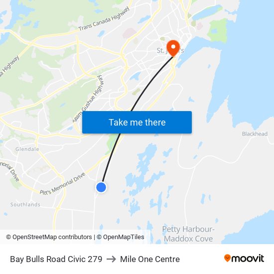 Bay Bulls Road Civic 279 to Mile One Centre map