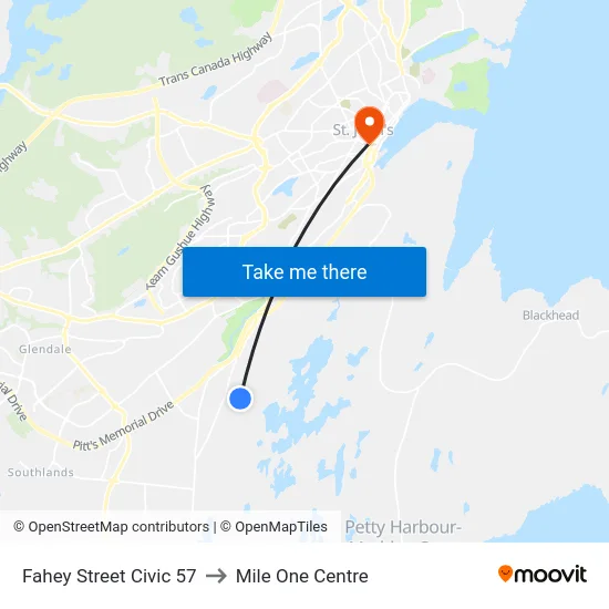 Fahey Street Civic 57 to Mile One Centre map