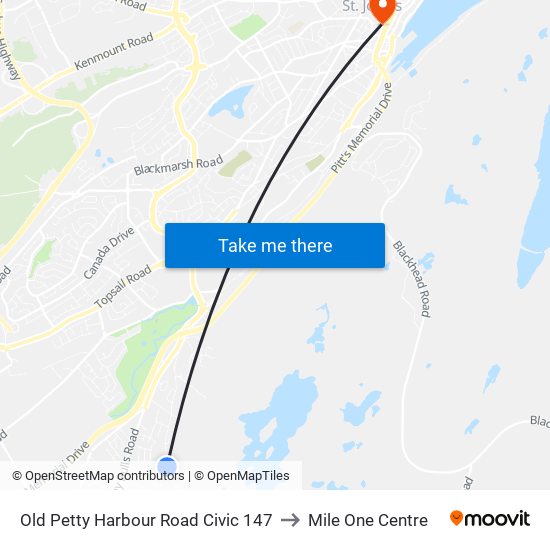 Old Petty Harbour Road Civic 147 to Mile One Centre map