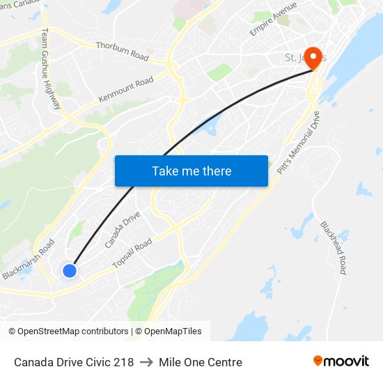 Canada Drive Civic 218 to Mile One Centre map