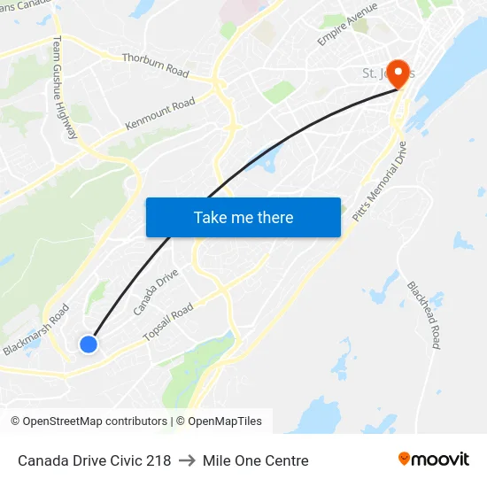 Canada Drive Civic 218 to Mile One Centre map