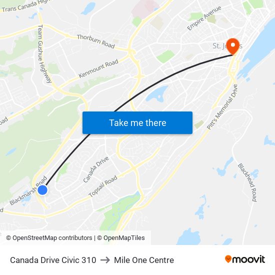 Canada Drive Civic 310 to Mile One Centre map