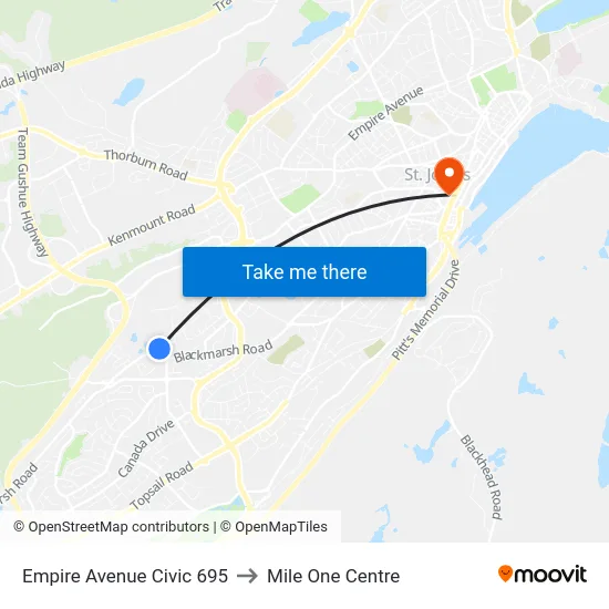 Empire Avenue Civic 695 to Mile One Centre map