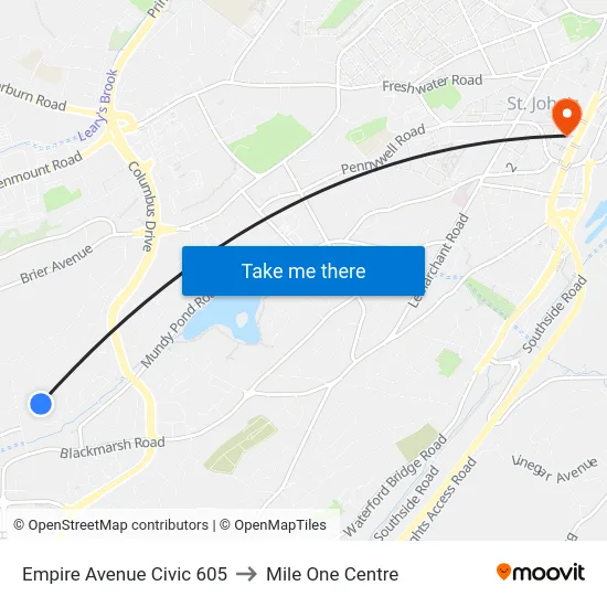 Empire Avenue Civic 605 to Mile One Centre map