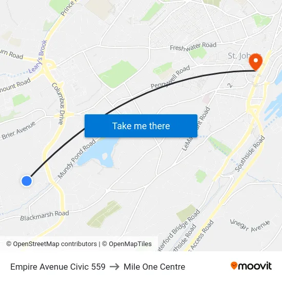Empire Avenue Civic 559 to Mile One Centre map