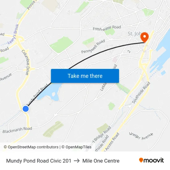 Mundy Pond Road Civic 201 to Mile One Centre map