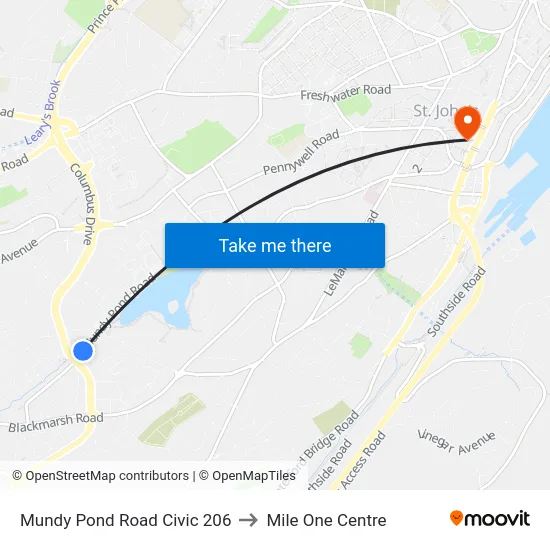 Mundy Pond Road Civic 206 to Mile One Centre map