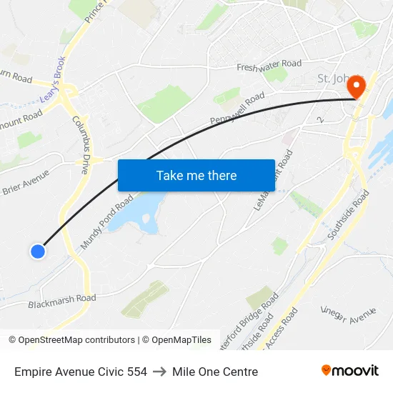 Empire Avenue Civic 554 to Mile One Centre map