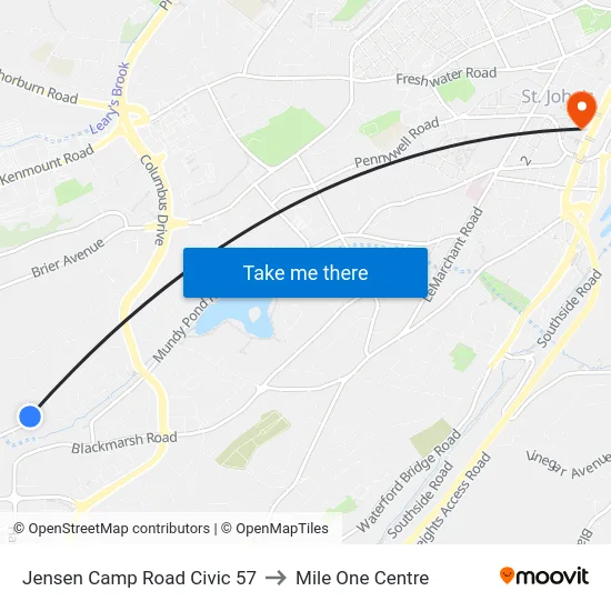 Jensen Camp Road Civic 57 to Mile One Centre map