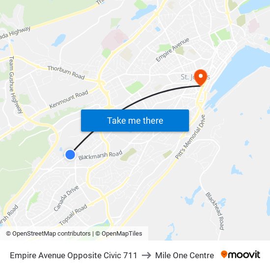 Empire Avenue Opposite Civic 711 to Mile One Centre map