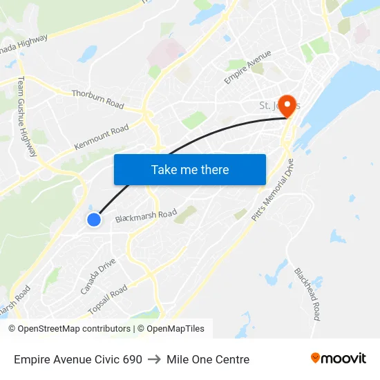 Empire Avenue Civic 690 to Mile One Centre map