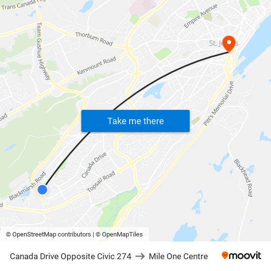 Canada Drive Opposite Civic 274 to Mile One Centre map