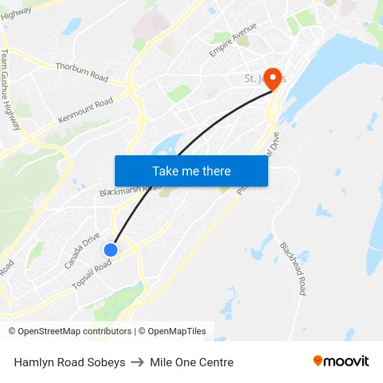 Hamlyn Road Sobeys to Mile One Centre map