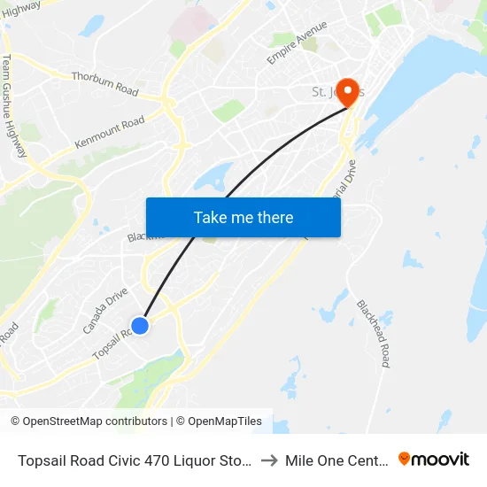 Topsail Road Civic 470 Liquor Store to Mile One Centre map