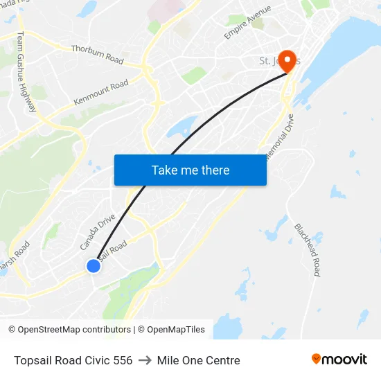 Topsail Road Civic 556 to Mile One Centre map