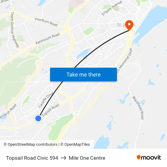 Topsail Road Civic 594 to Mile One Centre map