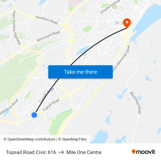 Topsail Road Civic 616 to Mile One Centre map