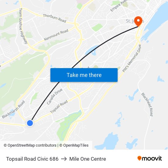 Topsail Road Civic 686 to Mile One Centre map