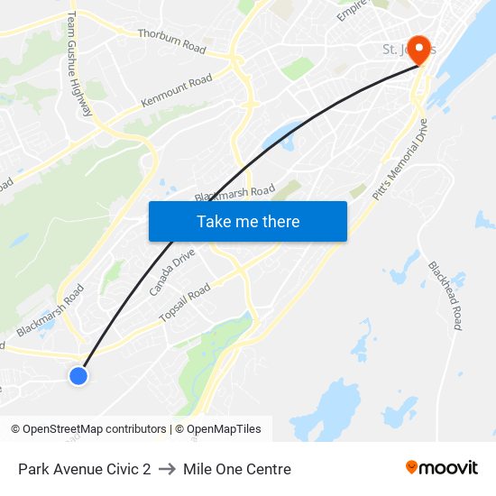 Park Avenue Civic 2 to Mile One Centre map