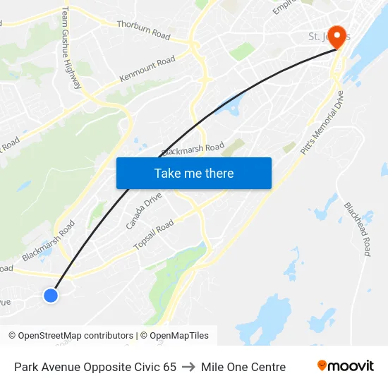Park Avenue Opposite Civic 65 to Mile One Centre map