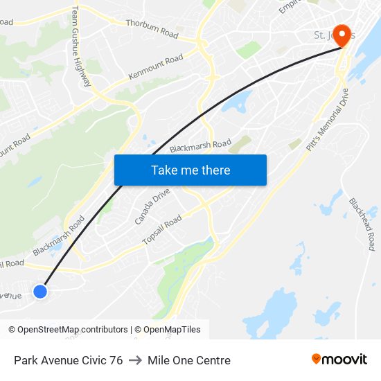 Park Avenue Civic 76 to Mile One Centre map