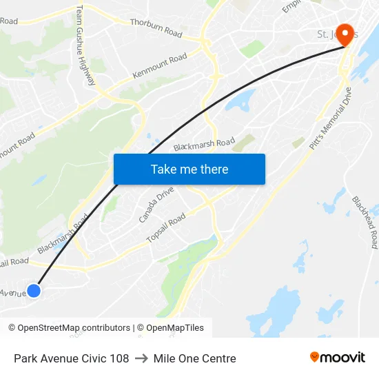 Park Avenue Civic 108 to Mile One Centre map