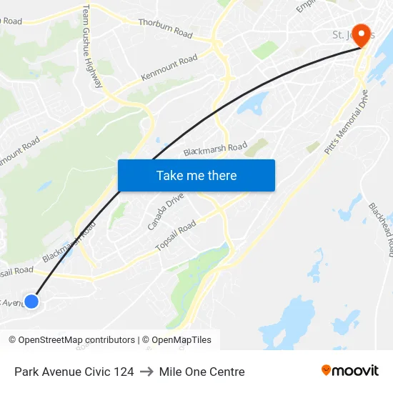 Park Avenue Civic 124 to Mile One Centre map