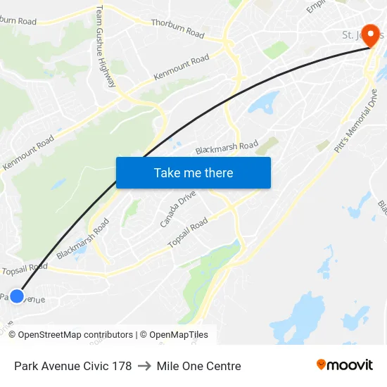 Park Avenue Civic 178 to Mile One Centre map