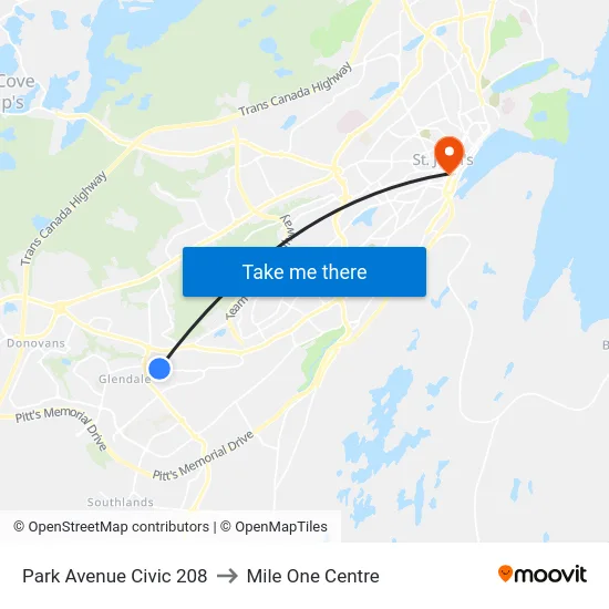 Park Avenue Civic 208 to Mile One Centre map