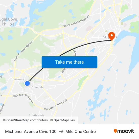 Michener Avenue Civic 100 to Mile One Centre map