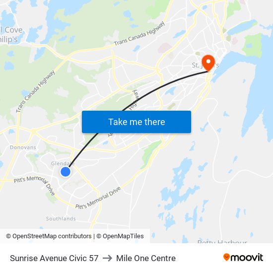 Sunrise Avenue Civic 57 to Mile One Centre map